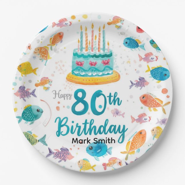 Plato De Papel Fishing Lover 80th Birthday Watercolor  (Anverso)