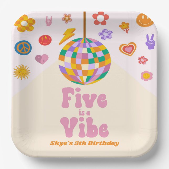 Plato De Papel Five is A Vibe Retro Disco Ball Fiesta de Cumpleañ (Anverso)