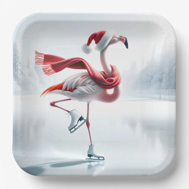 Plato De Papel Flamenco de Navidad patinando sobre hielo (Anverso)