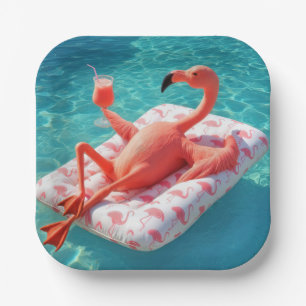 Plato De Papel Flamenco relajándose en un colchón de piscina