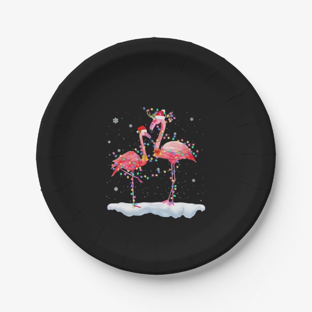 Plato De Papel Flamencos | Flamingo Christmas Tree Santa Hat Xmas (Anverso)