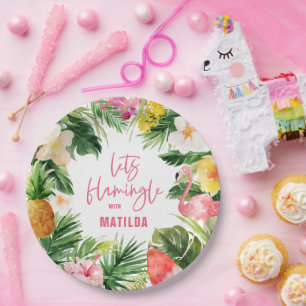 Plato De Papel flamencos florales tropicales de color rosa flamin