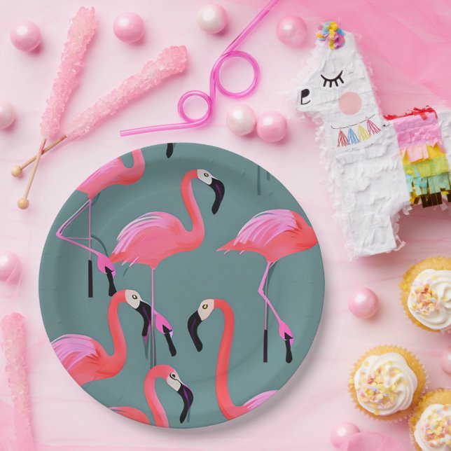 Plato De Papel Flamencos rosados retro (Fiesta)