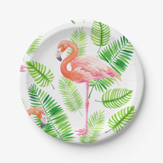Plato De Papel Flamencos y hojas tropicales (Anverso)