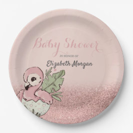 Plato De Papel Flamingo Bebé Lindo Brillo Rosa Dorado