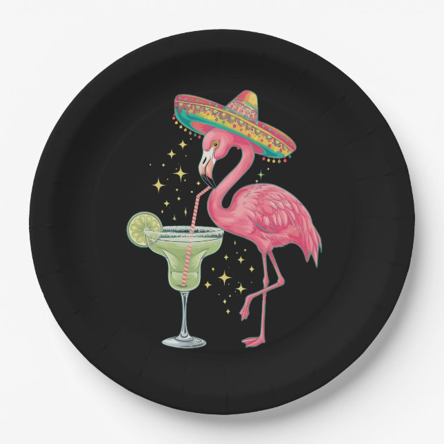 Plato De Papel Flamingo Beber Margarita Gracioso Poncho Mexicano (Anverso)