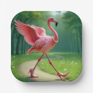 Plato De Papel Flamingo con tacones altos y perlas