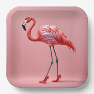 Plato De Papel Flamingo Con Tos Rojos Altos