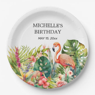 Plato De Papel Flamingo Cumpleaños Feliz Nombre Floral Tropical