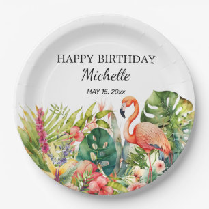 Plato De Papel Flamingo Cumpleaños Feliz Nombre Floral Tropical