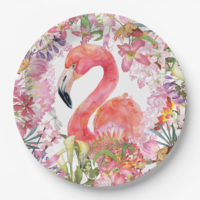 Plato De Papel Flamingo en la jungla de flores - Patrón de verano (Anverso)