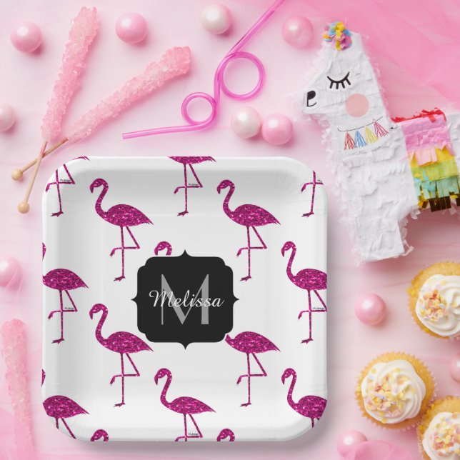 Plato De Papel Flamingo espumoso purpurina rosa chispas Monograma (Fiesta)