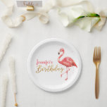 Plato De Papel Flamingo Flamingo Dorado |<br><div class="desc">Placa fiesta tropical con flamingo de color rosa y fuente de cumpleaños purpurina oro.</div>