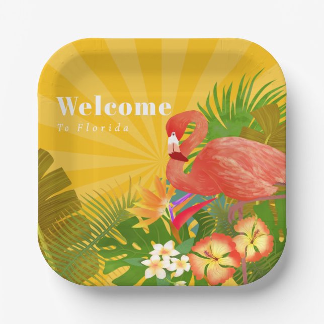 Plato De Papel Flamingo Florida Welcome Yellow Orange (Anverso)