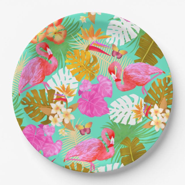 Plato De Papel Flamingo Garden Verde azulado (Anverso)