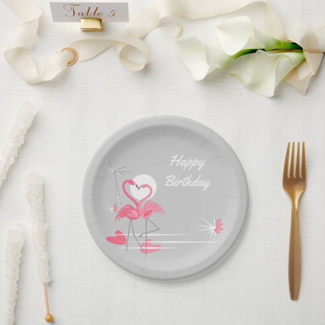 Plato De Papel Flamingo Love Happy Birday paper plate placas (Boda)