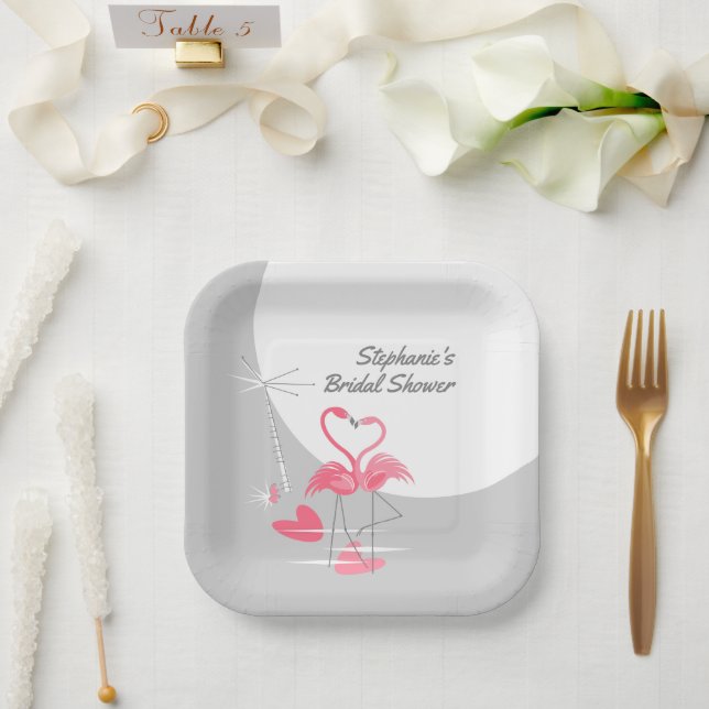 Plato De Papel Flamingo Love Large Moon Bridal Shower square (Boda)