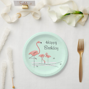 Plato De Papel Flamingo Ocean Aqua Trio 4 Feliz Cumpleaños