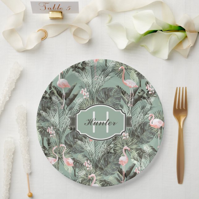 Plato De Papel Flamingo Orquídea Patrón Tropical ID868 (Boda)