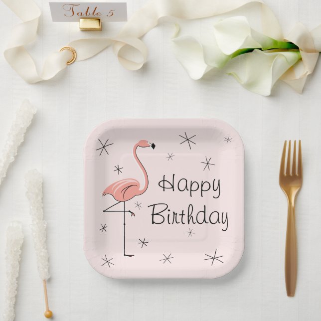 Plato De Papel Flamingo Pink Happy Birday square (Boda)