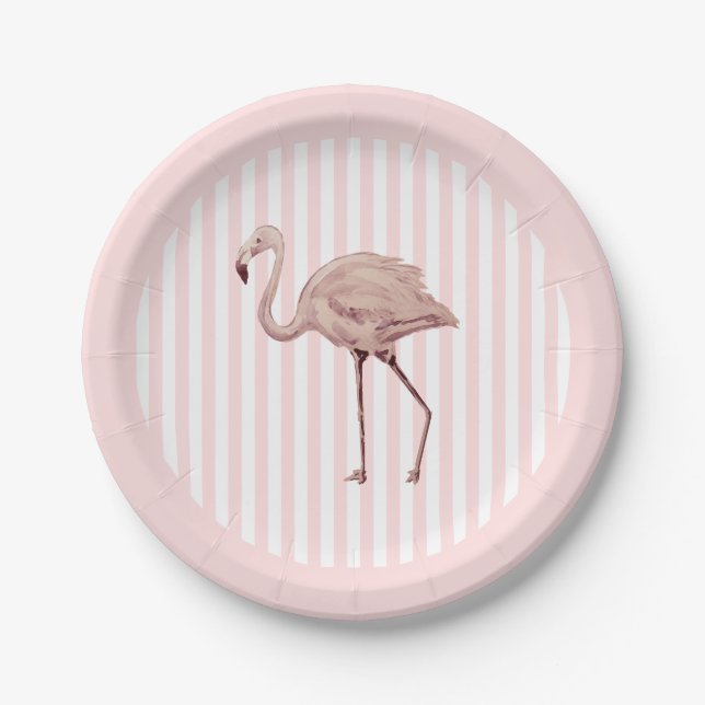 Plato De Papel Flamingo Pink Stripe Birthday Tropical (Anverso)