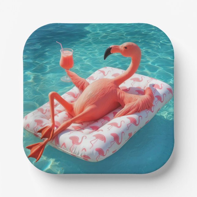 Plato De Papel Flamingo Relaxing On a Pool Mattress (Anverso)