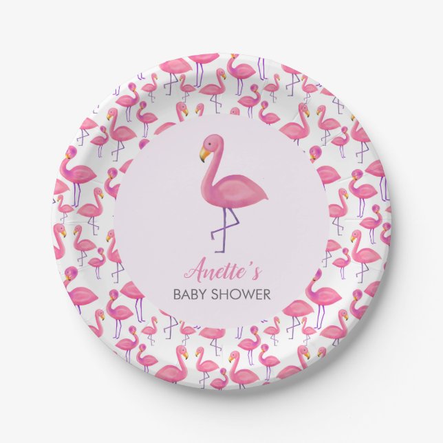 Plato De Papel Flamingo rosa Baby Shower moderno (Anverso)