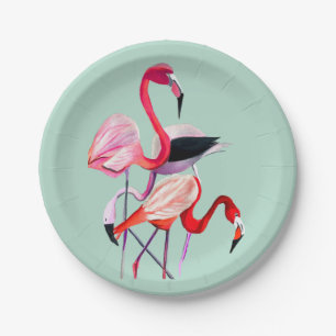 Plato De Papel flamingo rosa bonito en azul