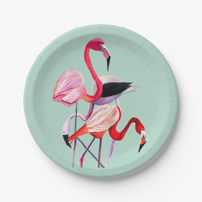 Plato De Papel flamingo rosa bonito en azul (Anverso)