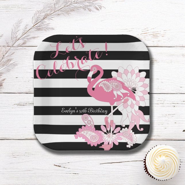 Plato De Papel Flamingo rosa de franja blanca y negra (Subido por el creador)