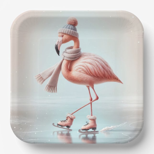Plato De Papel Flamingo rosa de patinaje sobre hielo (Anverso)