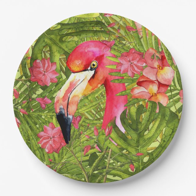 Plato De Papel Flamingo rosa en la selva de Palm y Monstera (Anverso)