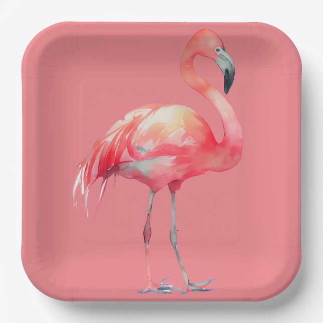 Plato De Papel Flamingo rosa en placa de papel rosa (Anverso)