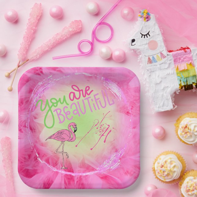 Plato De Papel Flamingo Rosa Eres Hermoso Inspirador (Fiesta)