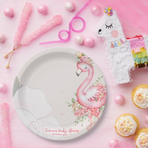Plato De Papel Flamingo rosa Es una ronda Baby Shower Chica