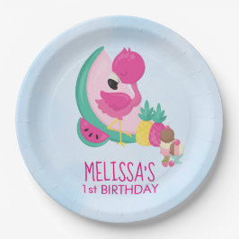 Plato De Papel Flamingo rosa, frutas tropicales y helado Fiesta