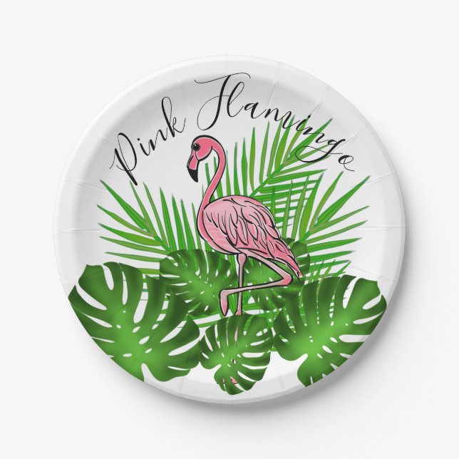 Plato De Papel Flamingo rosa, hojas de selva tropical (Anverso)