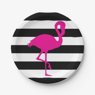 Plato De Papel Flamingo rosa rayado negro y blanco