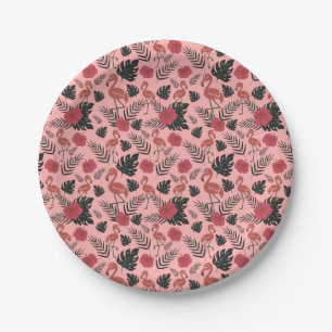 Plato De Papel Flamingo rosa sin costura flores patrón y hojas