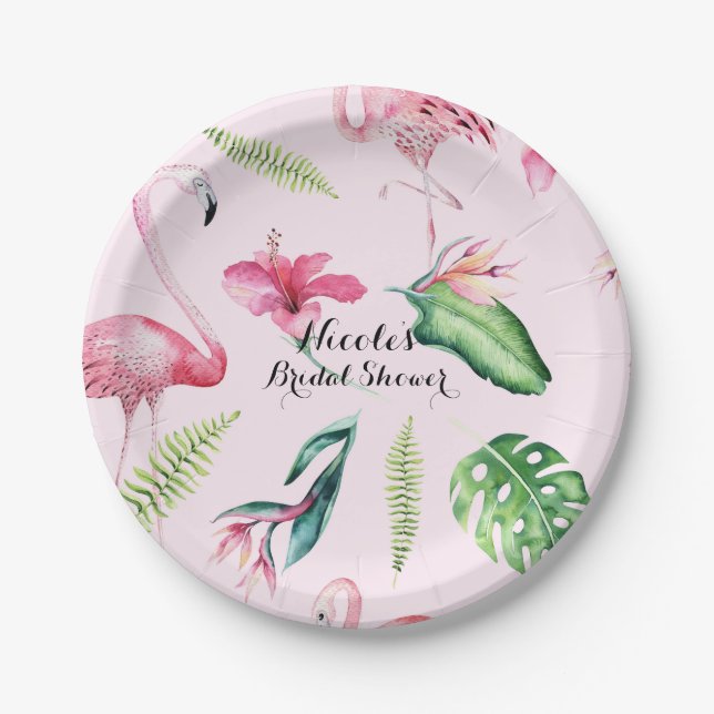 Plato De Papel Flamingo rosa Tropical Hibiscus Fiesta de diversió (Anverso)
