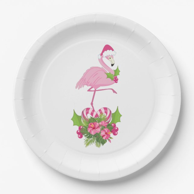 Plato De Papel Flamingo rosado en Santa Hat con Candy Cane Bouque (Anverso)