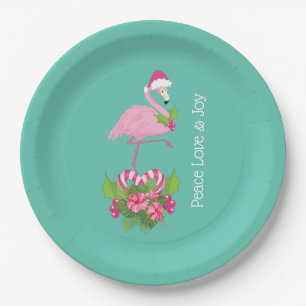 Plato De Papel Flamingo rosado en Santa Hat con Candy Cane Bouque