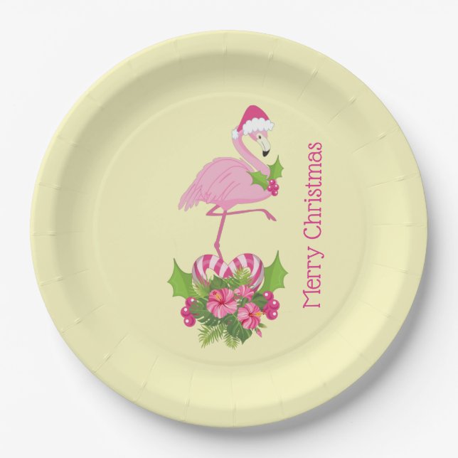 Plato De Papel Flamingo rosado en Santa Hat con Candy Cane Bouque (Anverso)