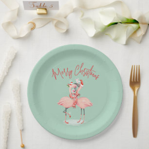 Plato De Papel Flamingo Rosado Tropical Con Navidades De Santa Sa