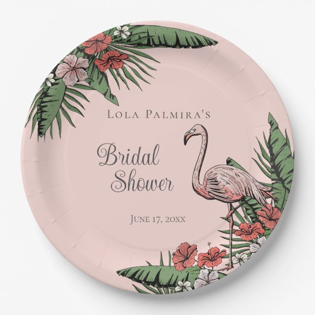 Plato De Papel Flamingo Rosado Tropical Hibiscus Bridal Shower (Anverso)