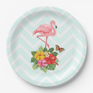 Plato De Papel Flamingo rosado y flamante tropical hibiscus