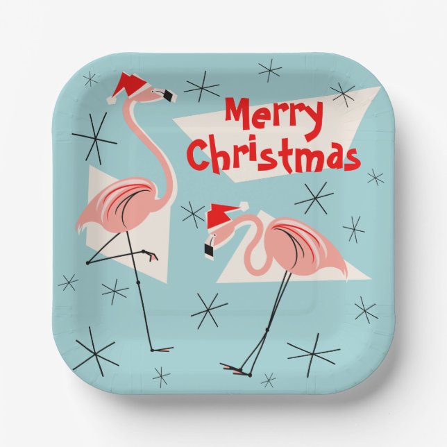 Plato De Papel Flamingo Santas Blue Merry Christmas square (Anverso)