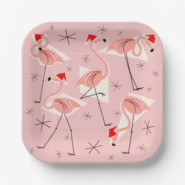 Plato De Papel Flamingo Santas Placa cuadrada rosa (Anverso)