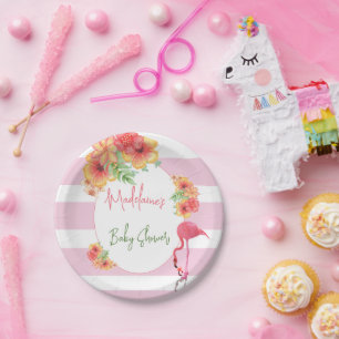 Plato De Papel Flamingo Tropical Baby Shower de banda rosa