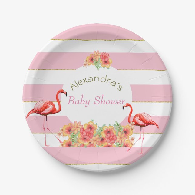 Plato De Papel Flamingo Tropical Baby Shower de banda rosa (Anverso)